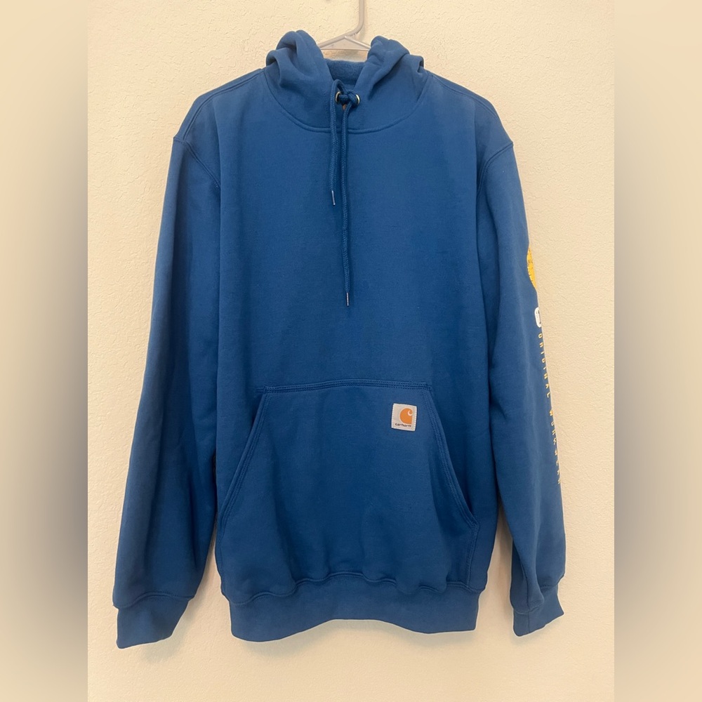 Carhartt Blue Hoodie pullover graphic Sweater 1889 original workwear mens Medium